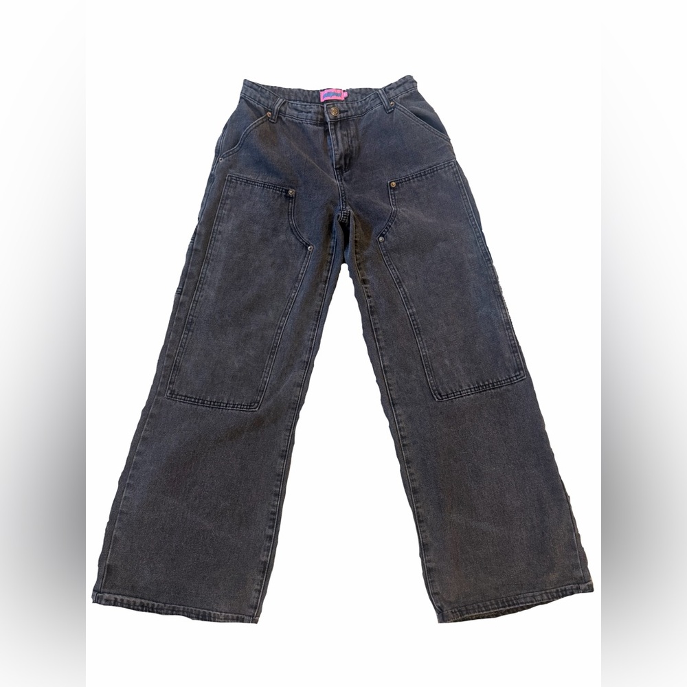 Edikted Petite Low Rise Wide-Leg Jeans in Washed Black